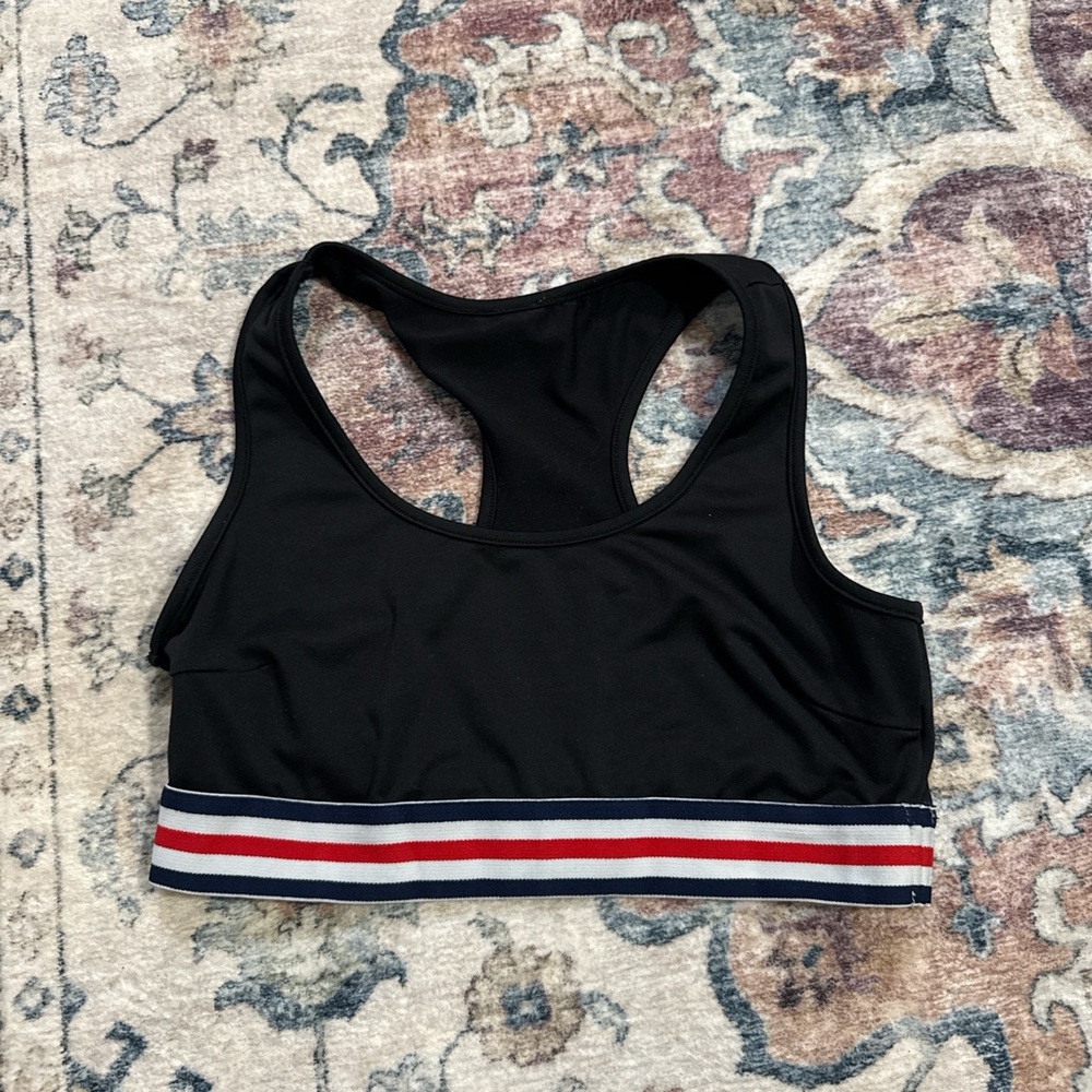 Showpo Black Sports Bra with Red and White Striped Band